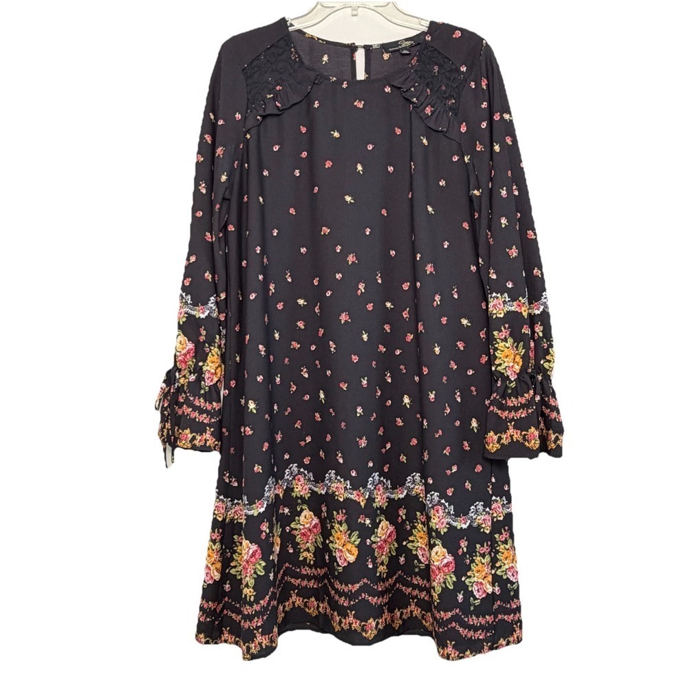 Suzanne Betro Women's Boho Chic Dress Black Floral Long Sleeve Size Large Ruffle